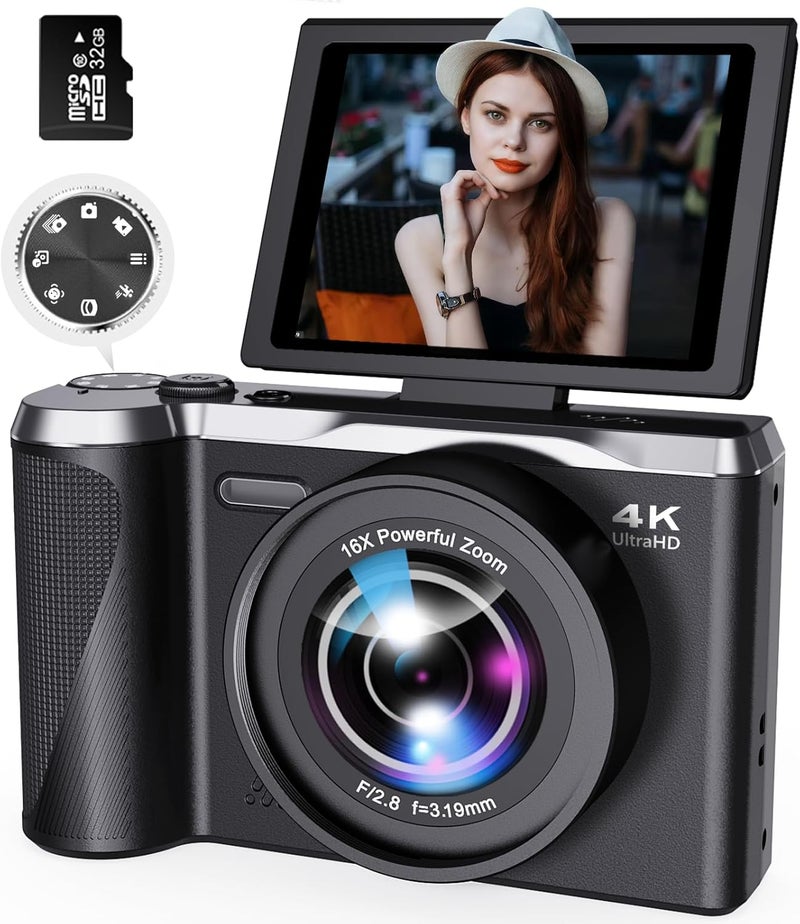 Kasukani كاميرا رقمية 4K للتصوير والفيديو، كاميرا فلوغينغ بدقة 56MP مع تركيز تلقائي لليوتيوب، شاشة قابلة للطي 3" بزاوية 180° وزوم رقمي 16X، كاميرات سفر مدمجة مع بطاقة SD سعة 32GB للمبتدئين والبالغين - Image 1